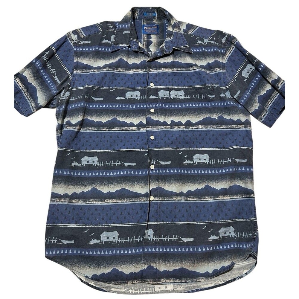 Vintage Novelty Top Pendleton Cabin Print In Cotton Button Up Shirt Mens Sz M
